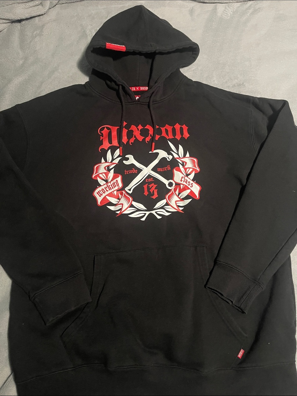 DIXXON Black Hoodie with Red & White Crest Graphic